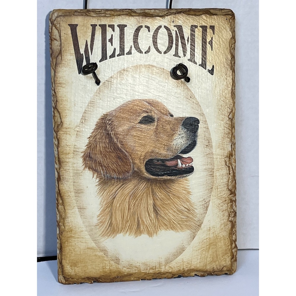 Rustic Hand Painted Golden Retriever Slate Welcome Sign Dog Decor Wall Plaque